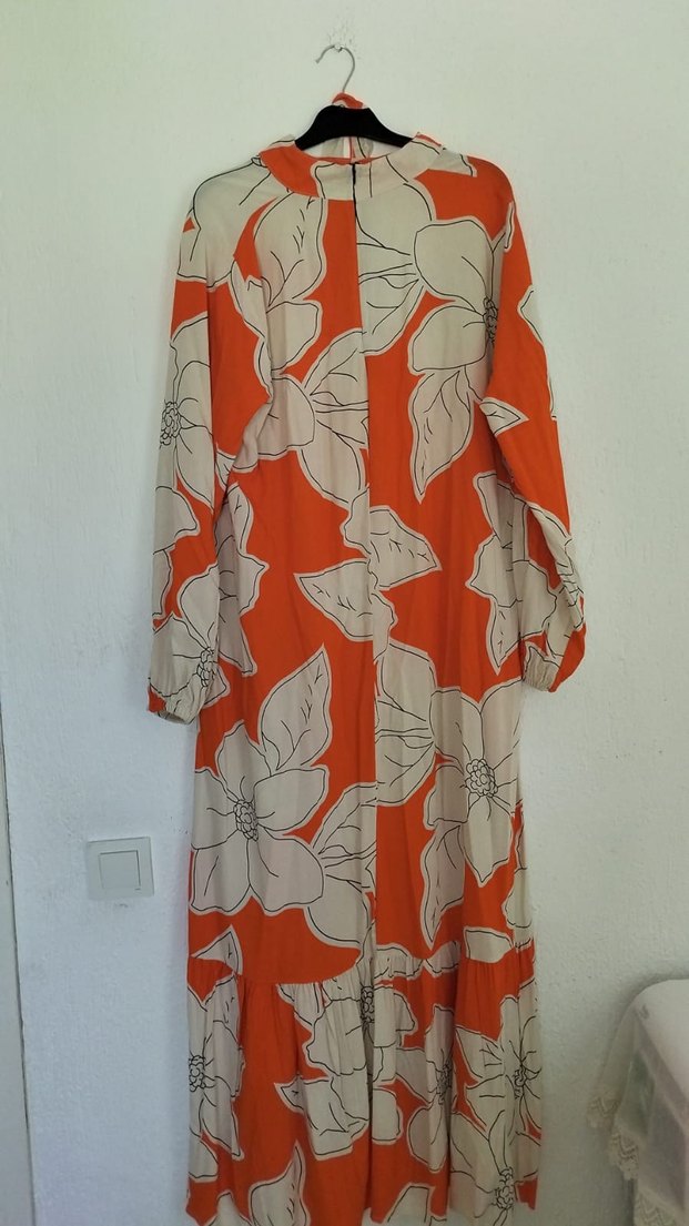 Bohem Tarz Uzun Turuncu Çiçekli Elbise - Görsel 2