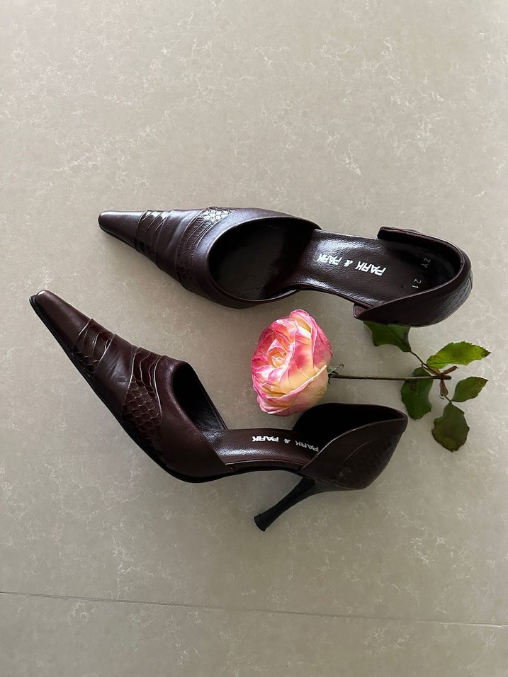 Kahverengi Deri Topuklu Stiletto Kadın Ayakkabı - Görsel 4