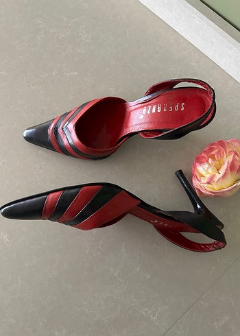 Kırmızı Siyah Çizgili Yüksek Topuklu Kadın Ayakkabı - Görsel 2
