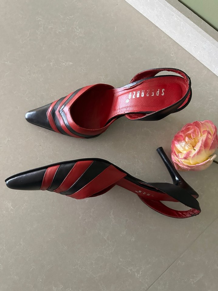 Kırmızı Siyah Çizgili Yüksek Topuklu Kadın Ayakkabı - Görsel 2