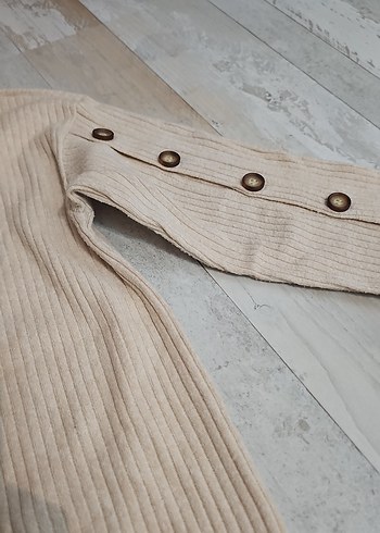 Düğmeli Bej çocuk Uzun Kollu Keten tunik - Görsel 2