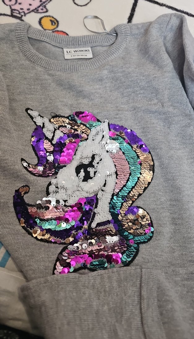 Kız Çocuk Gri Uzun Kollu Payetli Tişört - Görsel 5