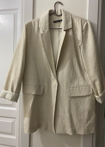 s Beden Bej Midi Kadın Keten Blazer Ceket
