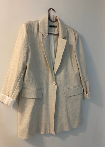 Diğer Bej Midi Kadın Keten Blazer Ceket