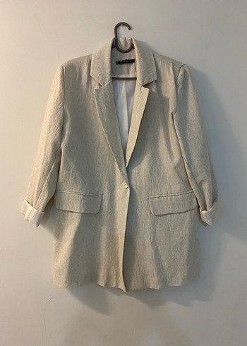 Bej Midi Kadın Keten Blazer Ceket