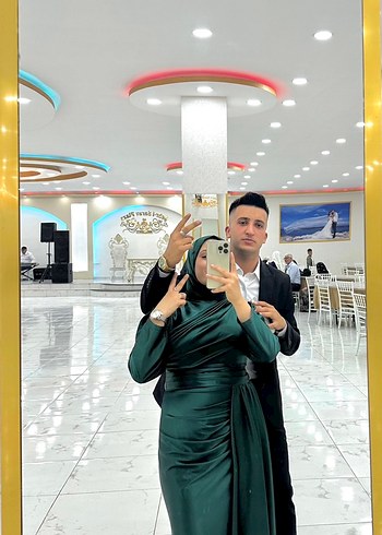 Abiye Uzun Kollu yeşil Drapeli Yüksek Yakalı Elbise