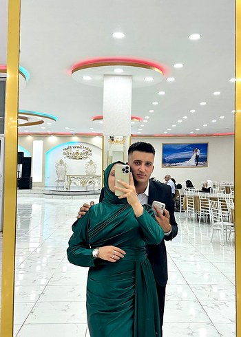 Uzun Kollu yeşil Drapeli Yüksek Yakalı Elbise