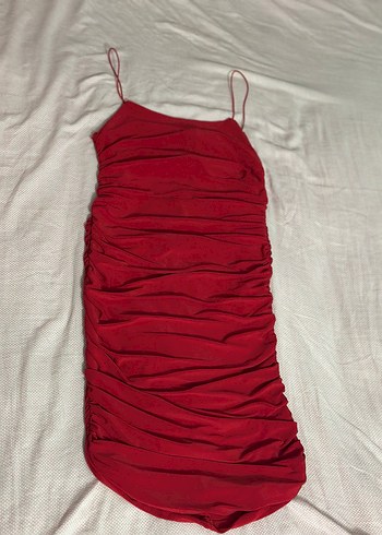 Kırmızı Drapeli Straplez Midi Kalem Elbise - Görsel 4