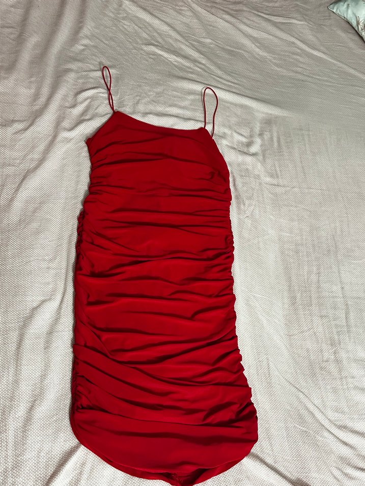 Kırmızı Drapeli Straplez Midi Kalem Elbise - Görsel 3