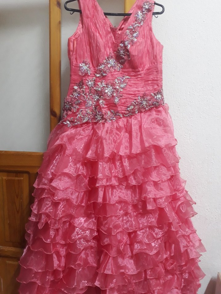 Pembe Uzun Kat Kat Abiye Elbise - Görsel 2