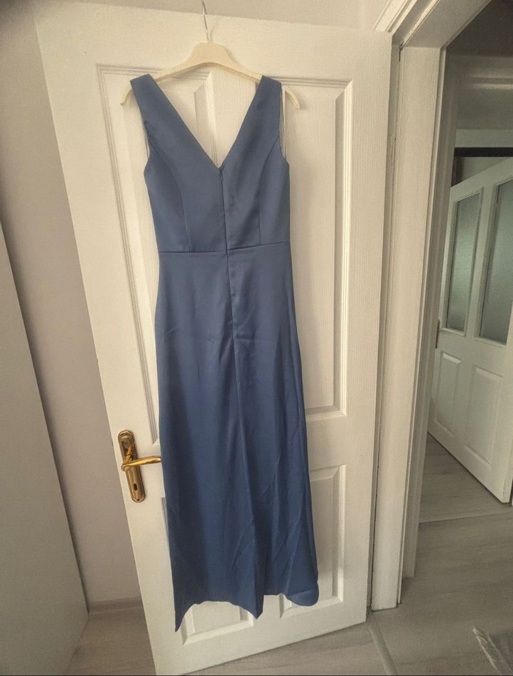 V Yaka Drapeli Lacivert Uzun Abiye Elbise - Görsel 2