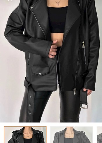 Kemerli Siyah Deri Kadın Ceket - Görsel 3