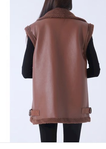 Kahverengi Kürklü Deri Kadın denim Yelek - Görsel 5