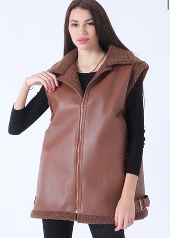 Kahverengi Kürklü Deri Kadın denim Yelek - Görsel 4