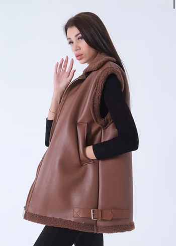 Kahverengi Kürklü Deri Kadın denim Yelek - Görsel 2