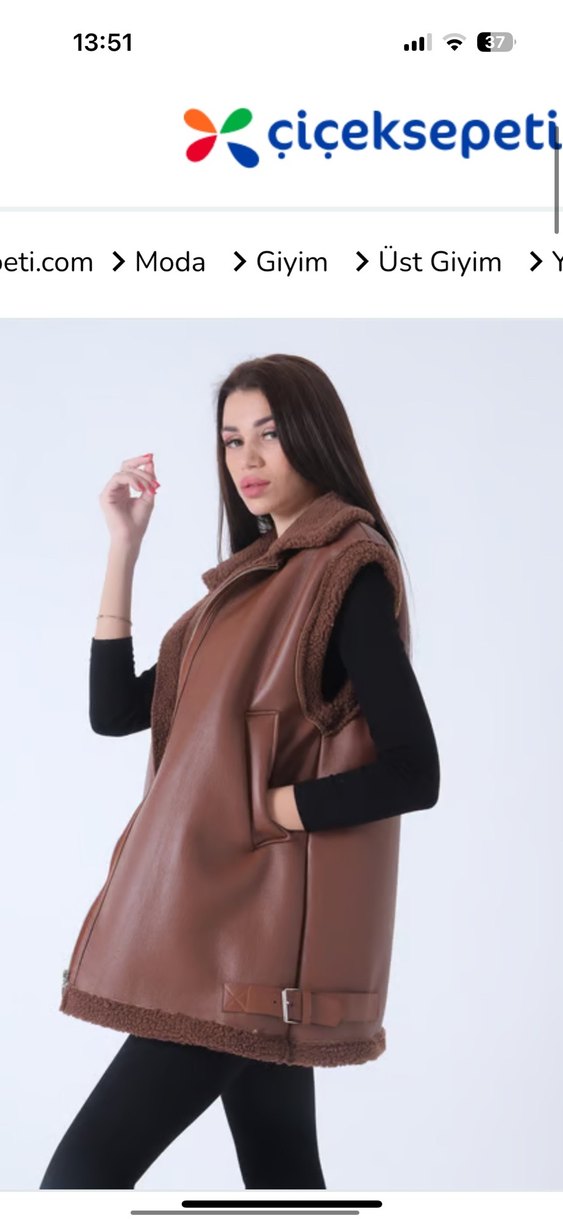 Kahverengi Kürklü Deri Kadın denim Yelek - Görsel 3