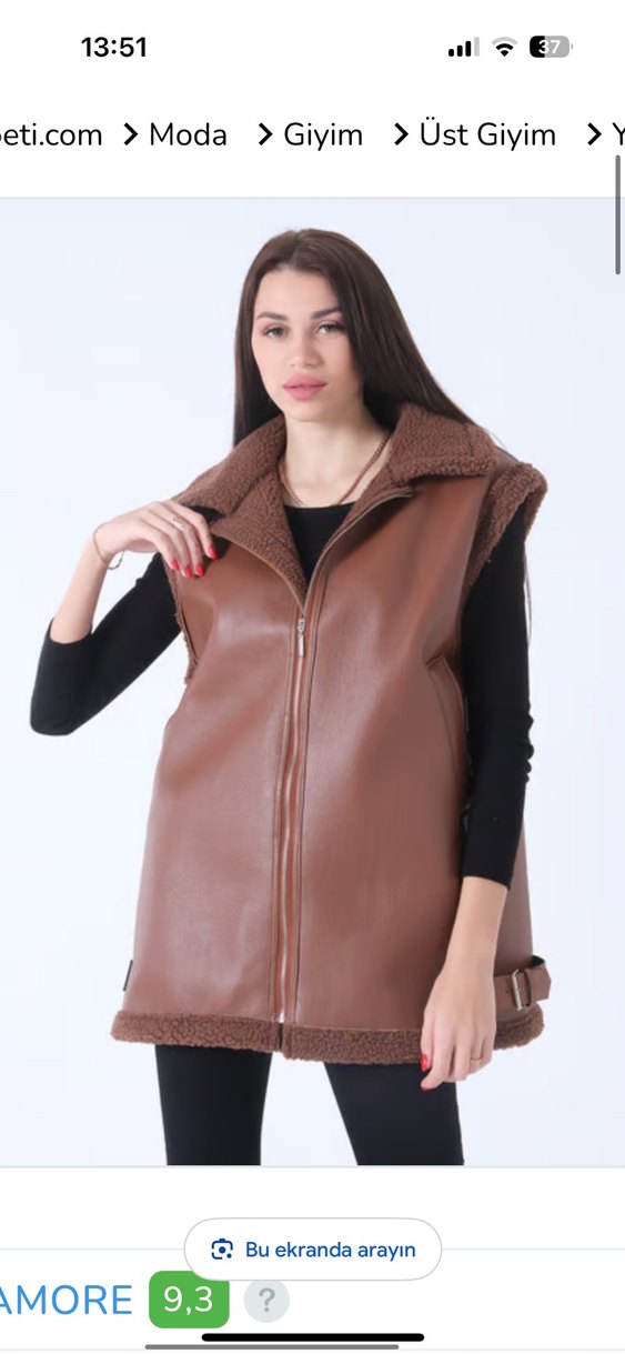 Kahverengi Kürklü Deri Kadın denim Yelek - Görsel 4