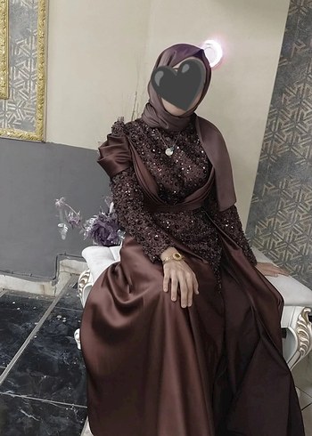 Abiye Uzun Kollu Drapeli Kahverengi Tesettür Abiye