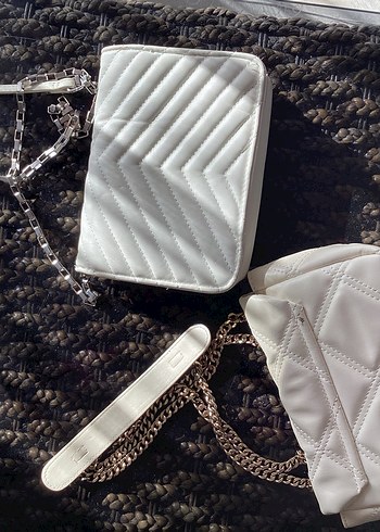 2 Adet Bershka zincir  Detaylı Beyaz Deri Kadın Çanta - Görsel 3