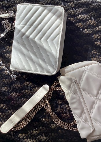 2 Adet Bershka zincir  Detaylı Beyaz Deri Kadın Çanta - Görsel 4