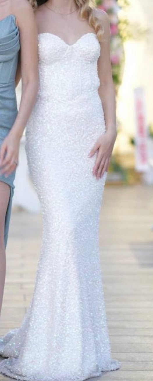 Pul payet İşlemeli Beyaz Uzun abiye - Görsel 2