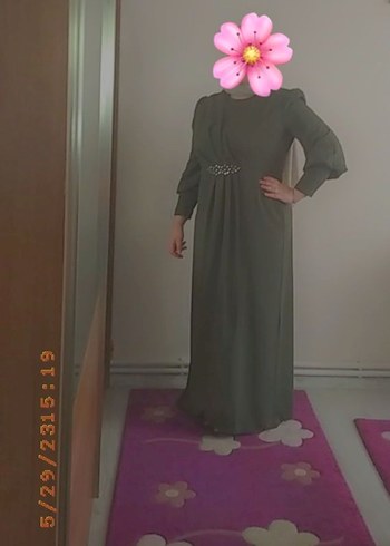 Haki Uzun Kollu Drapeli Kadın Abiye Elbise