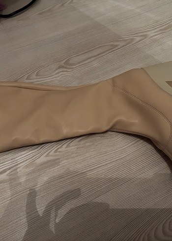 38 Beden Bej Deri Platform Topuklu Kadın Çizme