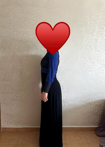 Diğer Zincir Detaylı Uzun Kol Mavi Uzun Elbise