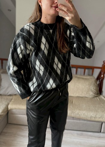 Gri Ekose Desenli Örgü Kadın Kazak - Görsel 2