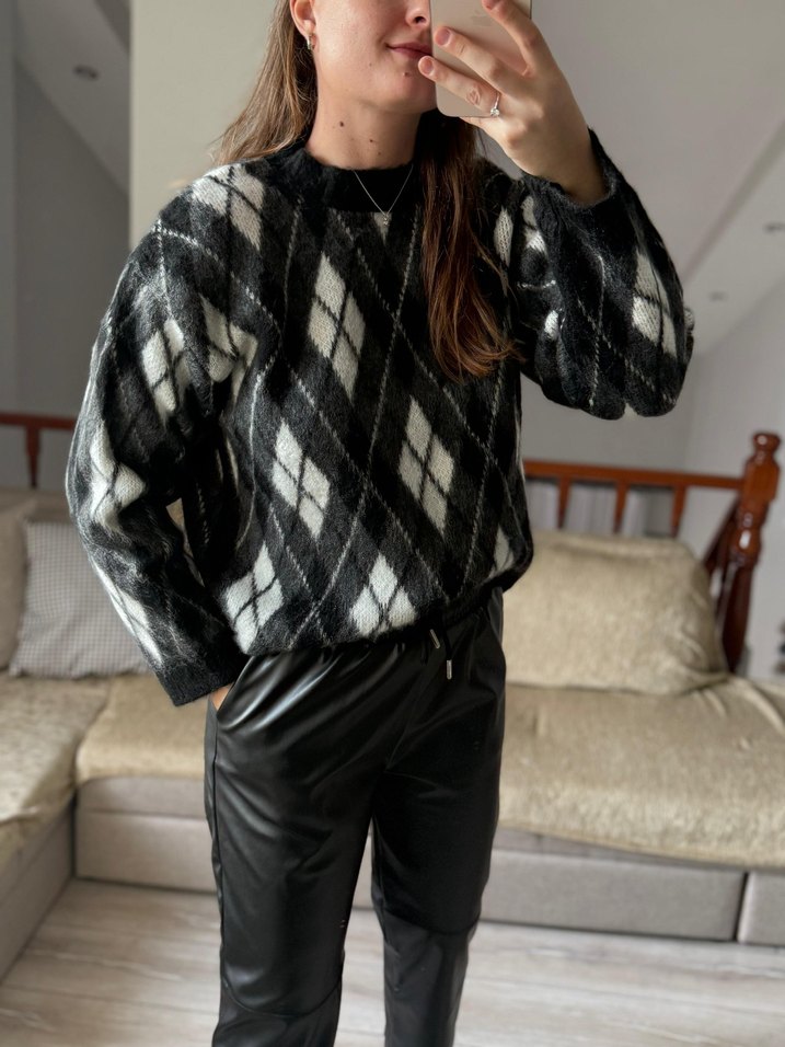 Gri Ekose Desenli Örgü Kadın Kazak - Görsel 2