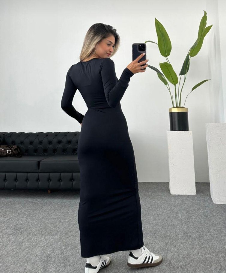 Siyah Uzun Kollu Vücuda Oturan Elbise - Görsel 2