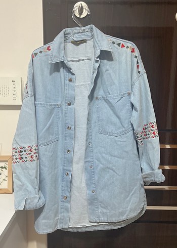 Nakışlı Mavi Bohem Denim kot ceket