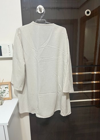 38 Beden ten rengi Renk Bej Midi Uzun Kollu Keten Kimono