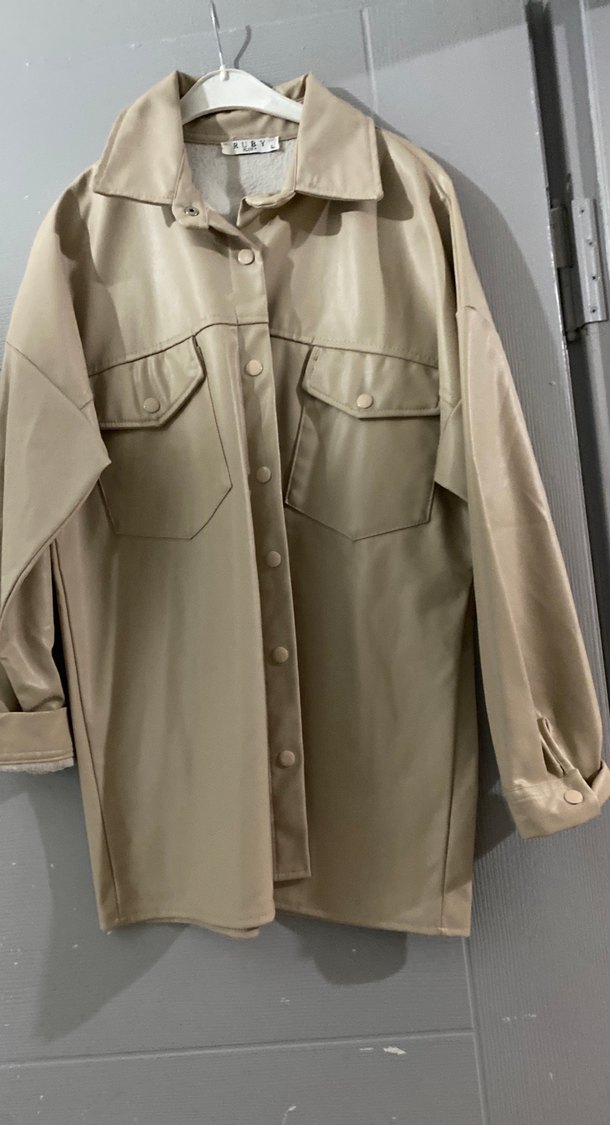 Bej Deri Mini Düğmeli Kadın Ceket - Görsel 4