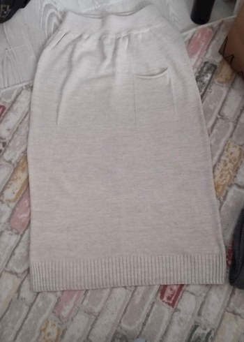 Gri Keten Midi Triko Elbise - Görsel 3