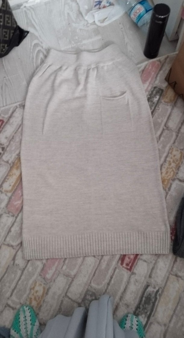 Gri Keten Midi Triko Elbise - Görsel 3