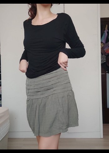 Gri Keten Pilili Midi Etek
