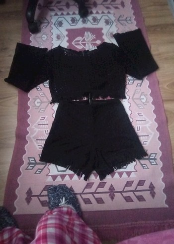 Siyah Dantel Detaylı Kadın Mini Tulum - Görsel 2