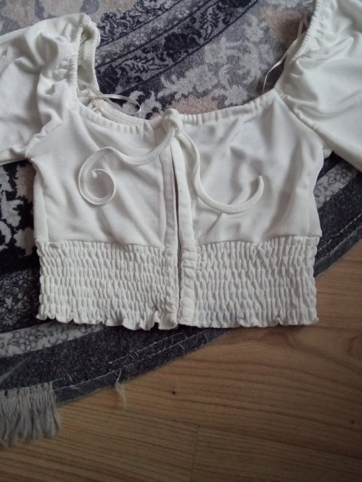 ADİL ISİK Beyaz Straplez Uzun Kollu Mini Bluz - Görsel 3