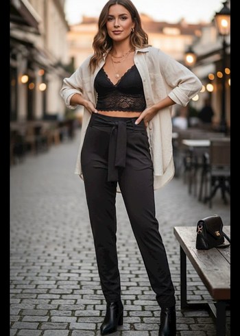 Kemer Detaylı Siyah Midi Tayt - Görsel 2