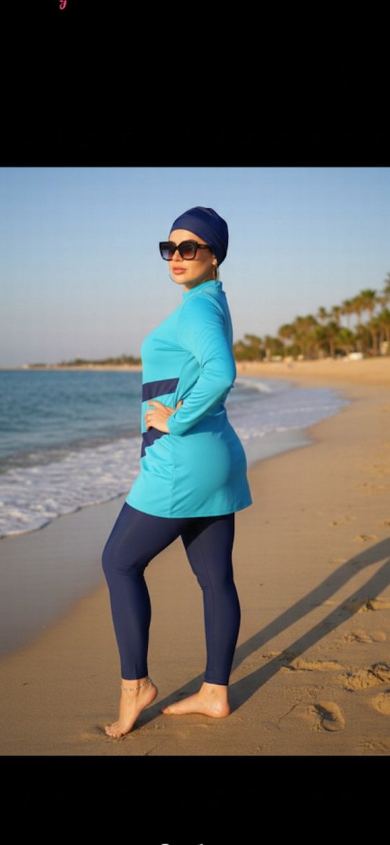 Uzun Kollu Mavi Tesettür Mayo - Görsel 2