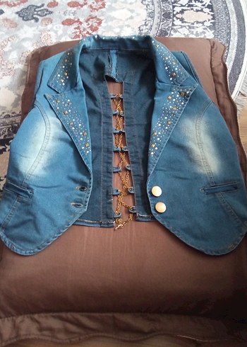 Düğmeli Nakışlı Kolsuz Kot Yelek - Görsel 8