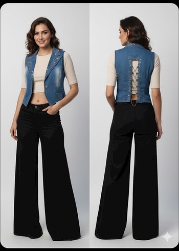 Düğmeli Nakışlı Kolsuz Kot Yelek - Görsel 3