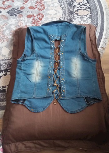 Düğmeli Nakışlı Kolsuz Kot Yelek - Görsel 6