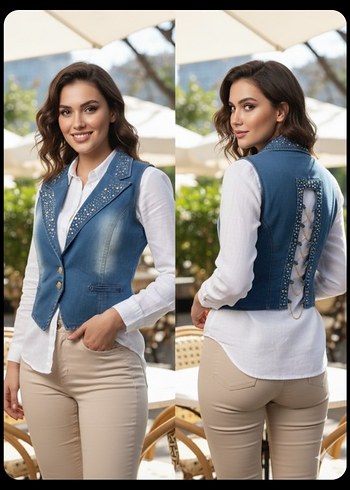 Düğmeli Nakışlı Kolsuz Kot Yelek - Görsel 2