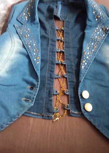 Düğmeli Nakışlı Kolsuz Kot Yelek - Görsel 9