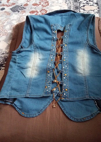 Düğmeli Nakışlı Kolsuz Kot Yelek - Görsel 7