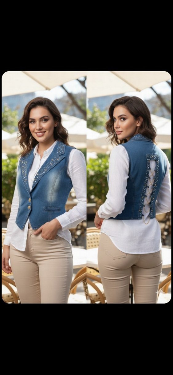 Düğmeli Nakışlı Kolsuz Kot Yelek - Görsel 2