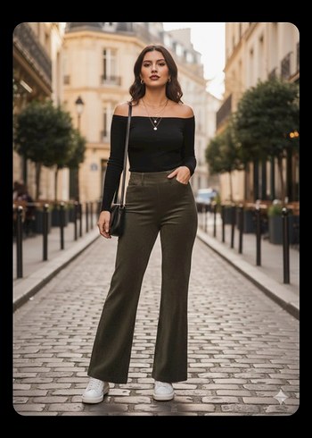 Kadın Haki kadife Salaş Midi Kumaş Pantolon - Görsel 2