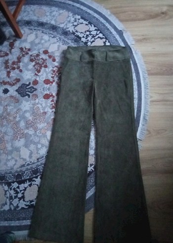 Kadın Haki kadife Salaş Midi Kumaş Pantolon - Görsel 6